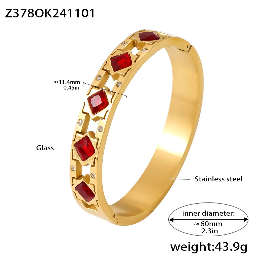Vintage Gold Plated Stainless Steel Bracelet with Red Glass Bangle Charm Luxury Jewelry Gift for Women