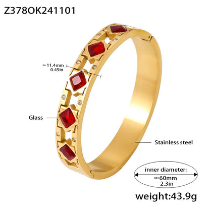 Vintage Gold Plated Stainless Steel Bracelet with Red Glass Bangle Charm Luxury Jewelry Gift for Women