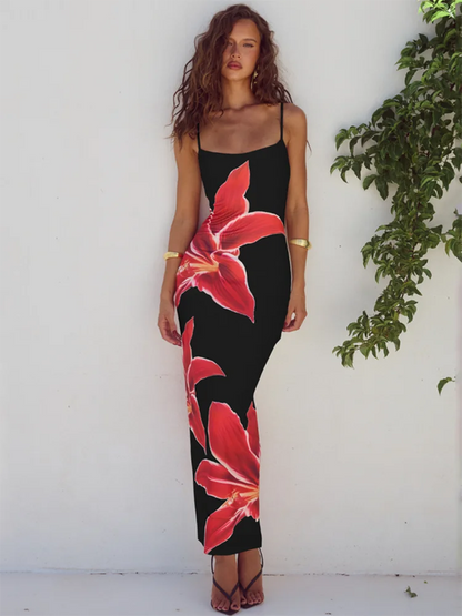 Mozision Floreal Print Long Dress For Women Gown Elegant Black