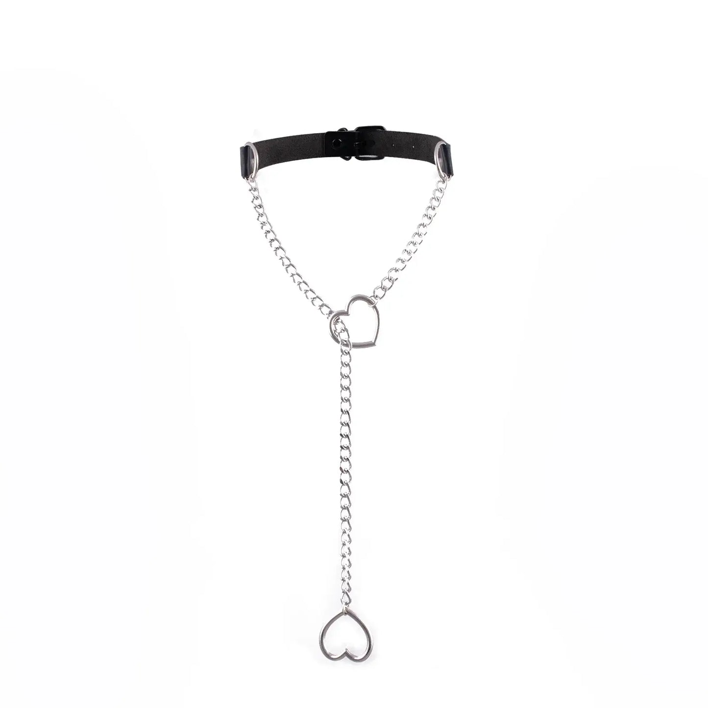 Heart Slip Chain Y Necklace Black Leather Choker for Women silver color