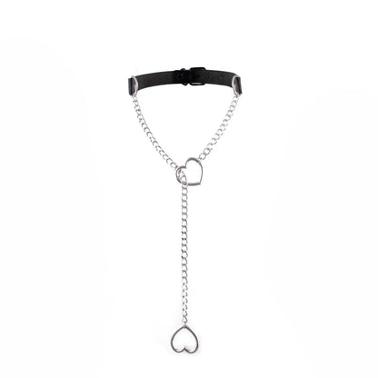 Heart Slip Chain Y Necklace Black Leather Choker for Women silver color