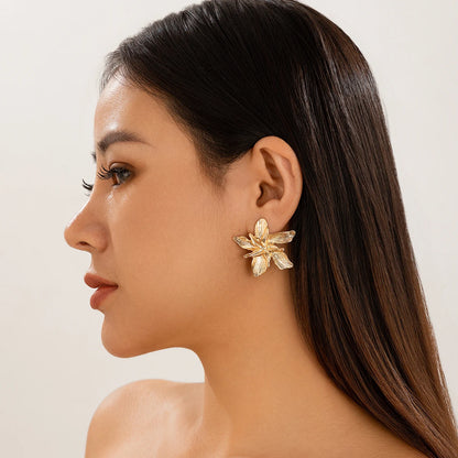 IngeSight.Z Vintage Gold Double Layer Flower Stud Earrings for Women