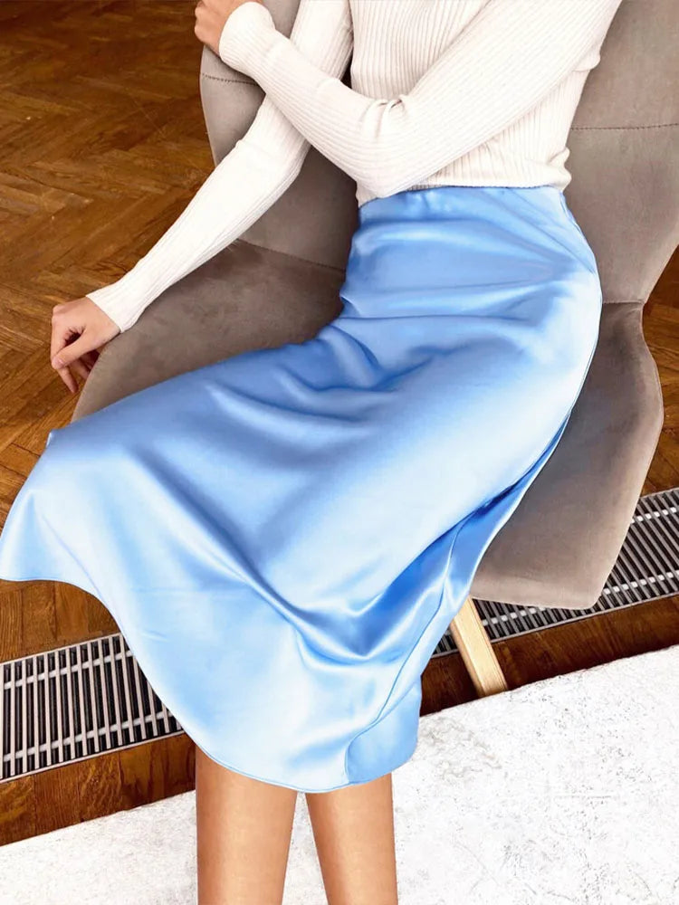 Solid Purple Satin Silk Midi Skirt High Waisted Office Wear