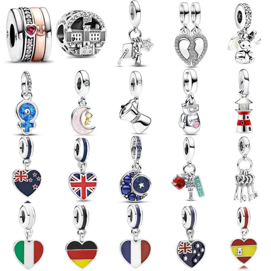 Hot Selling 925 Silver Heart Shaped Flag Pendant for European Bracelets Exquisite DIY Jewelry with Zircon