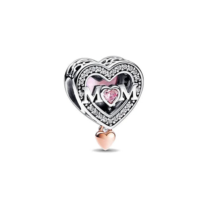 European 925 Sterling Silver Pink Charm Bead for Mother's Day Jewelry Gift for Women