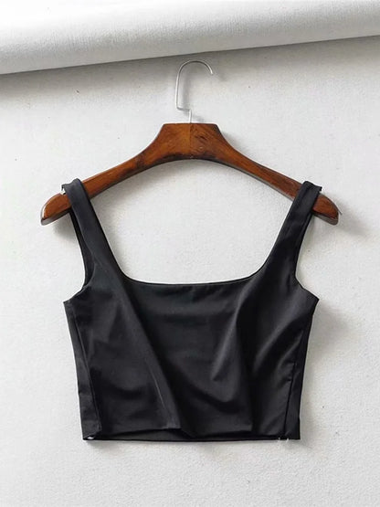 Summer Women Sleeveless Square Collar Tank Top High Stretch
