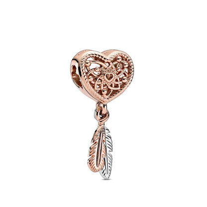 Rose Gold Padlock Heart Key Pendant Necklace for Women 925 Silver with Zircon Beads P021