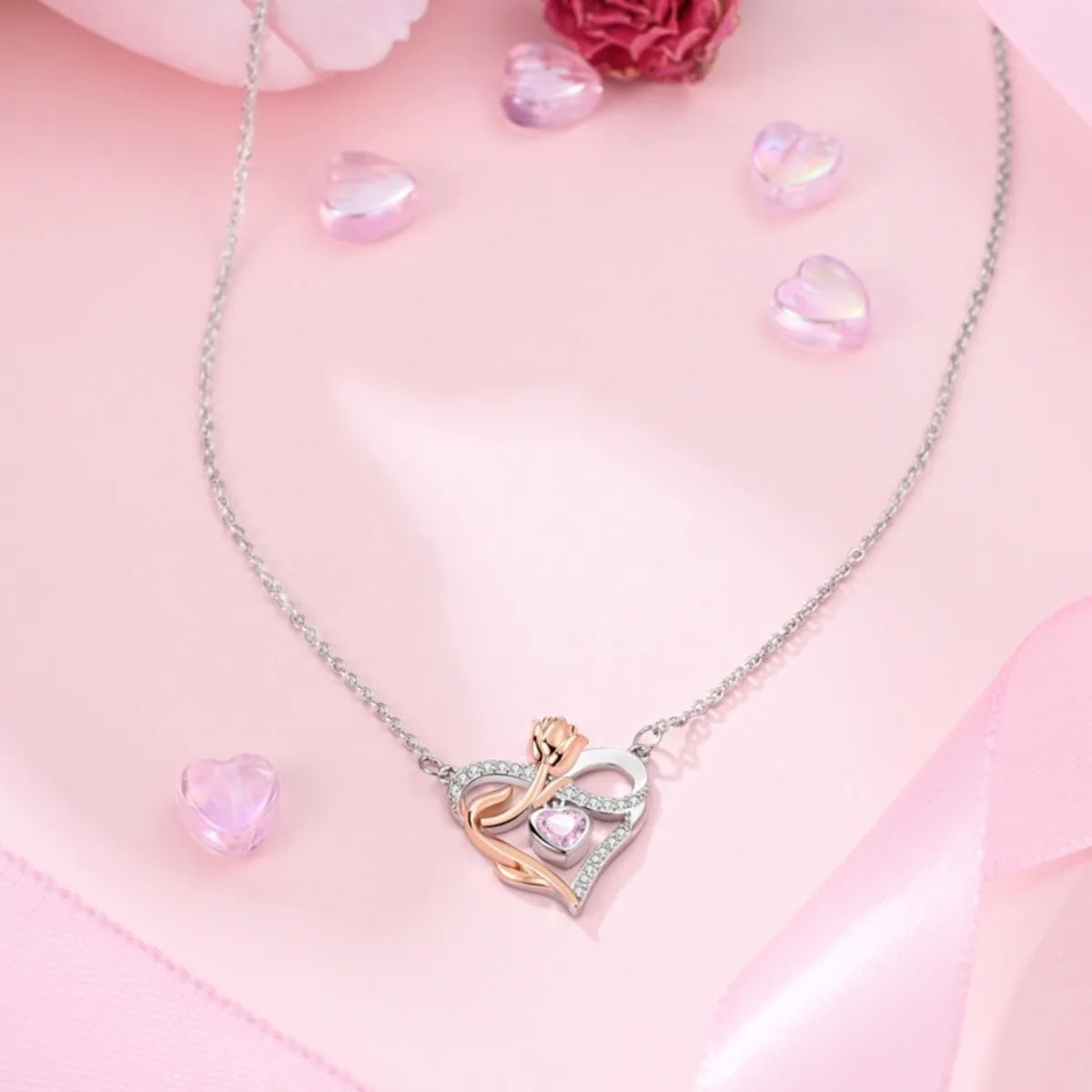 925 Sterling Silver Pink Bow Heart Moon Butterfly Pendant Necklace Elegant DIY Charm Gift for Women