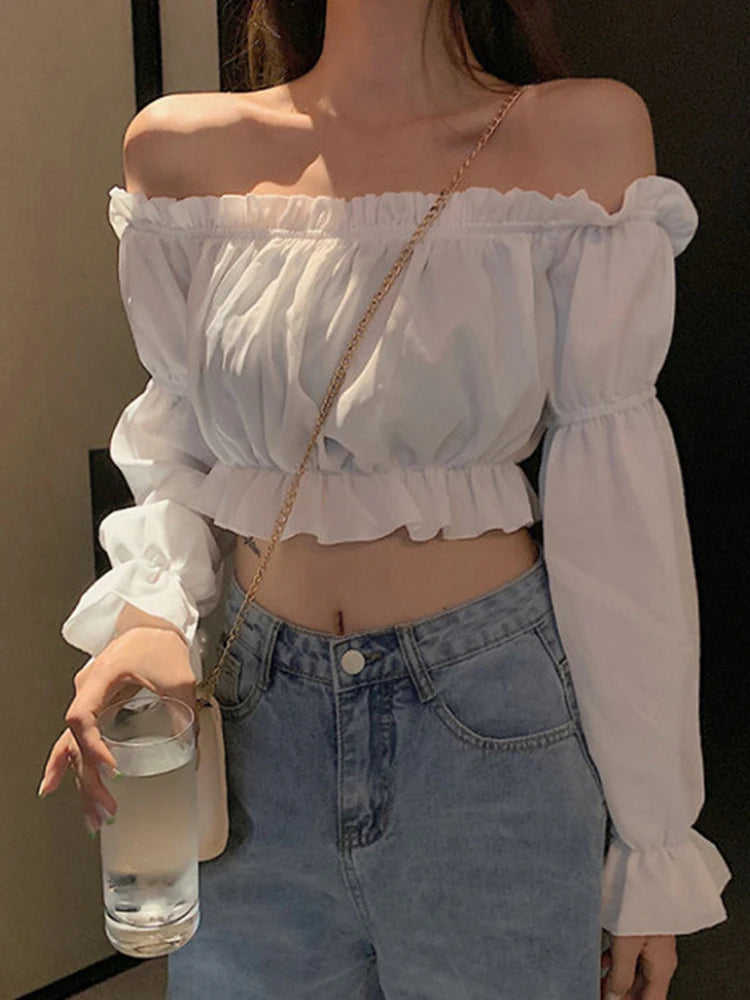 Off Shoulder White Crop Top With Puff Long Sleeve Ruffles