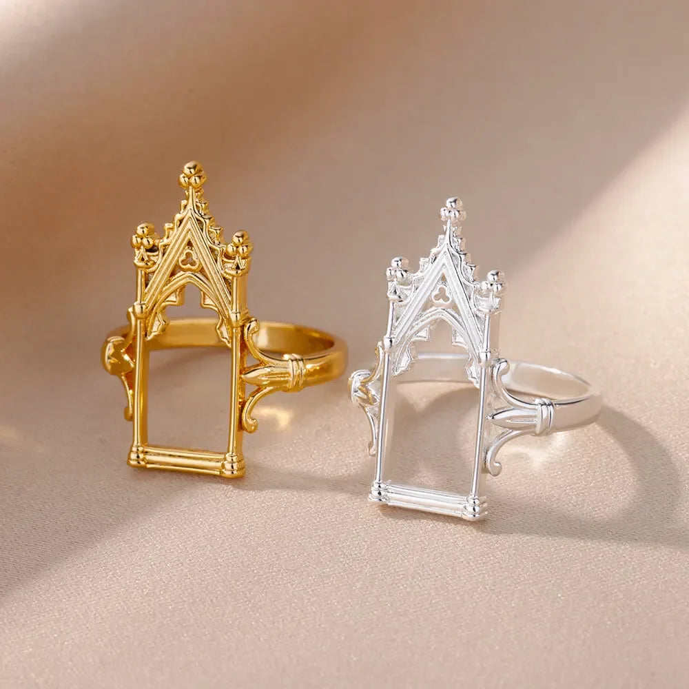 Gold Plated Stainless Steel Magic Mirror Rings for Women - Aesthetic Wedding Crown Design with Castle, Flower, and Leaf Motifs Luxury Jewelry
