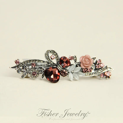 Elegant Red Crystal Flower Bow Hairpin With Vintage Blue Rhinestones