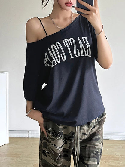 Off Shoulder Letter Print Tee Women Casual Summer Top
