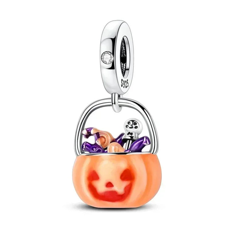 925 Sterling Silver Halloween Charms Set Pumpkin Skull Witch Ghost Beads for Bracelet Necklace Jewelry