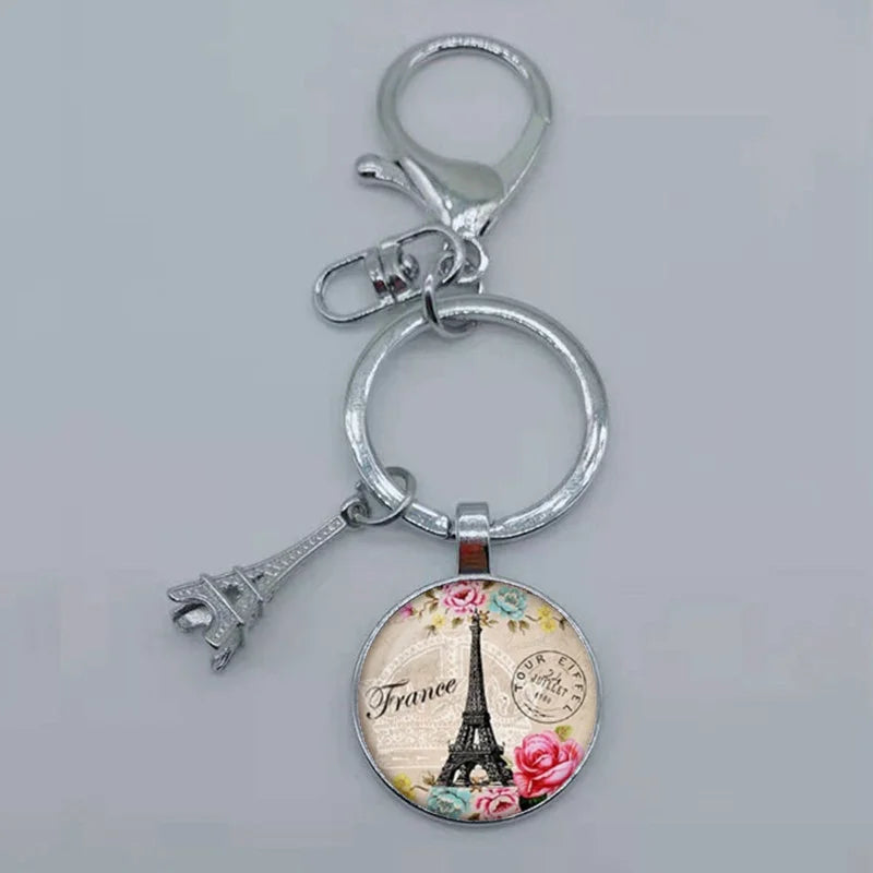 Paris Eiffel Tower Glass Pendant Keychain for Women with Artistic Design