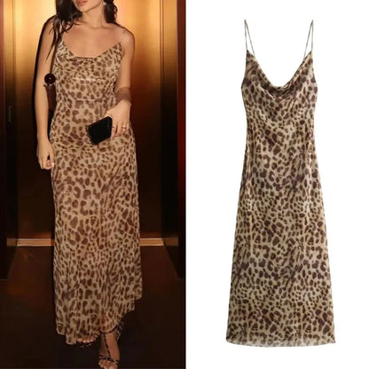 TRAF Leopard Print Long Dress Women Tulle Backless Slip Dress