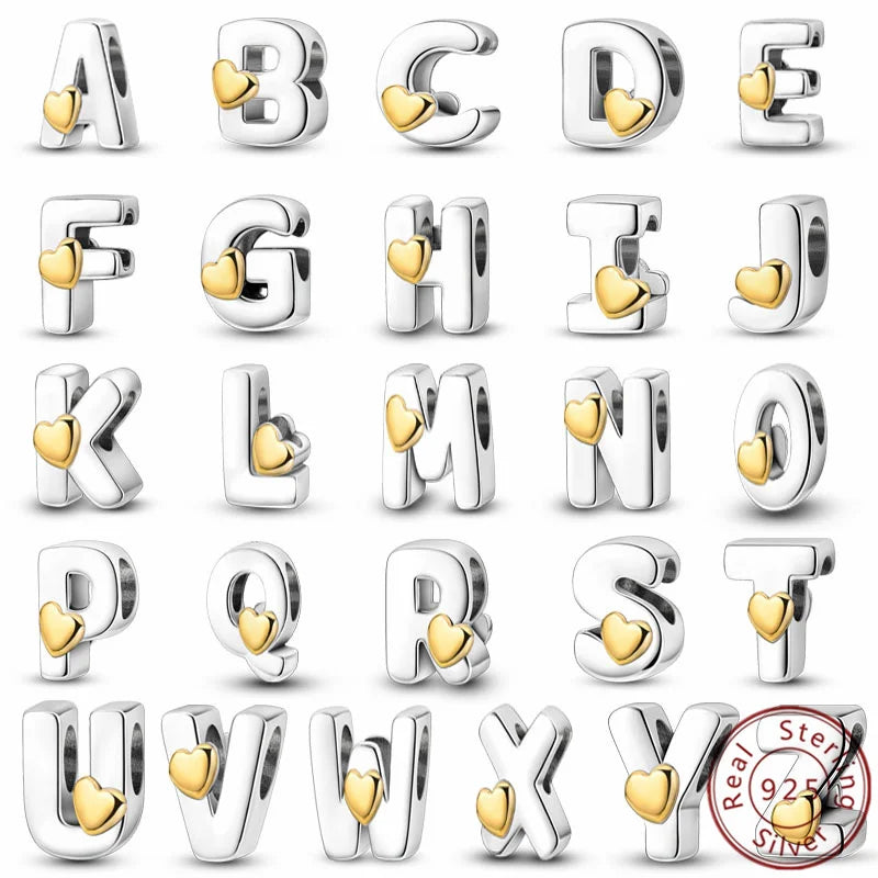 925 Sterling Silver Alphabet Charm Bracelet Gold Heart