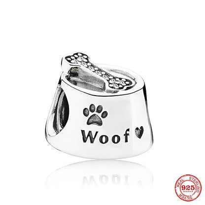 Sterling Silver Paw Print and Bone Charm Bead for Pet Bracelet Jewelry B277-dog