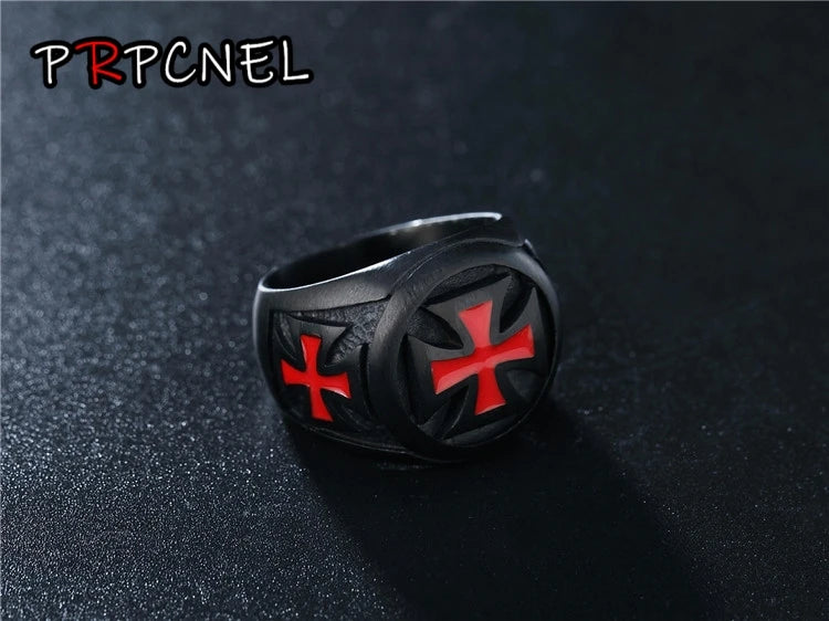 Men's Stainless Steel Black Ring with Red Armor Shield and Crusader Cross Design