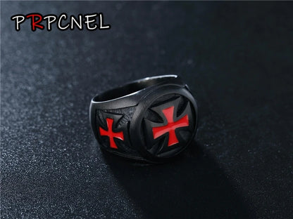 Men's Stainless Steel Black Ring with Red Armor Shield and Crusader Cross Design