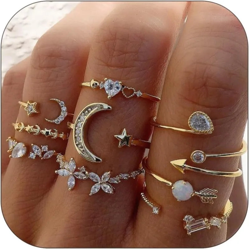 Elegant Star Moon Gold Rings Set for Women and Teens - Trendy Stackable Knuckle Rings for Birthday and Christmas Gifts 2024
