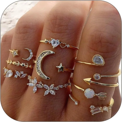 Elegant Star Moon Gold Rings Set for Women and Teens - Trendy Stackable Knuckle Rings for Birthday and Christmas Gifts 2024