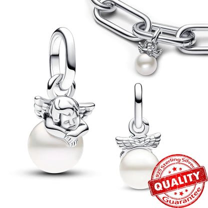 Elegant 925 Sterling Silver Pearl Heart Key Pendant for Bracelets and Necklaces FCC334