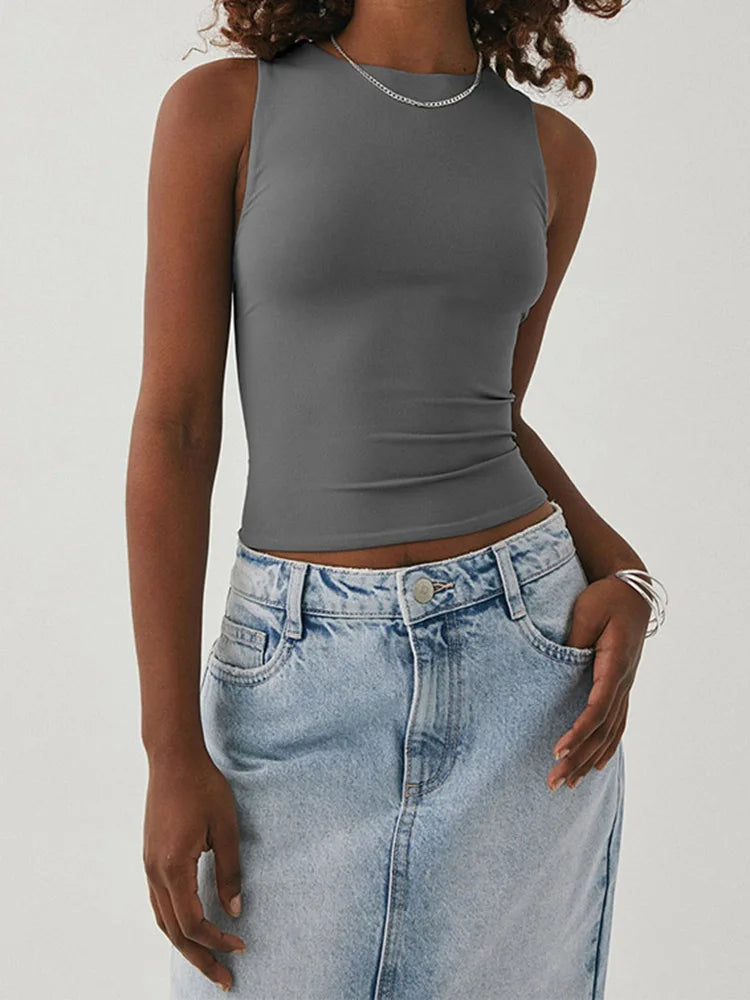 Women Sleeveless Racerback Round Neck Tight Knit Tank