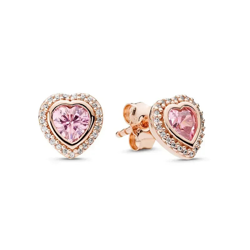 New 925 Sterling Silver Heart Shaped Earrings Rings Necklaces Pink Red Rainbow Luxury Set Sparkling Charm Jewelry Gifts Clear