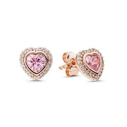 New 925 Sterling Silver Heart Shaped Earrings Rings Necklaces Pink Red Rainbow Luxury Set Sparkling Charm Jewelry Gifts Clear
