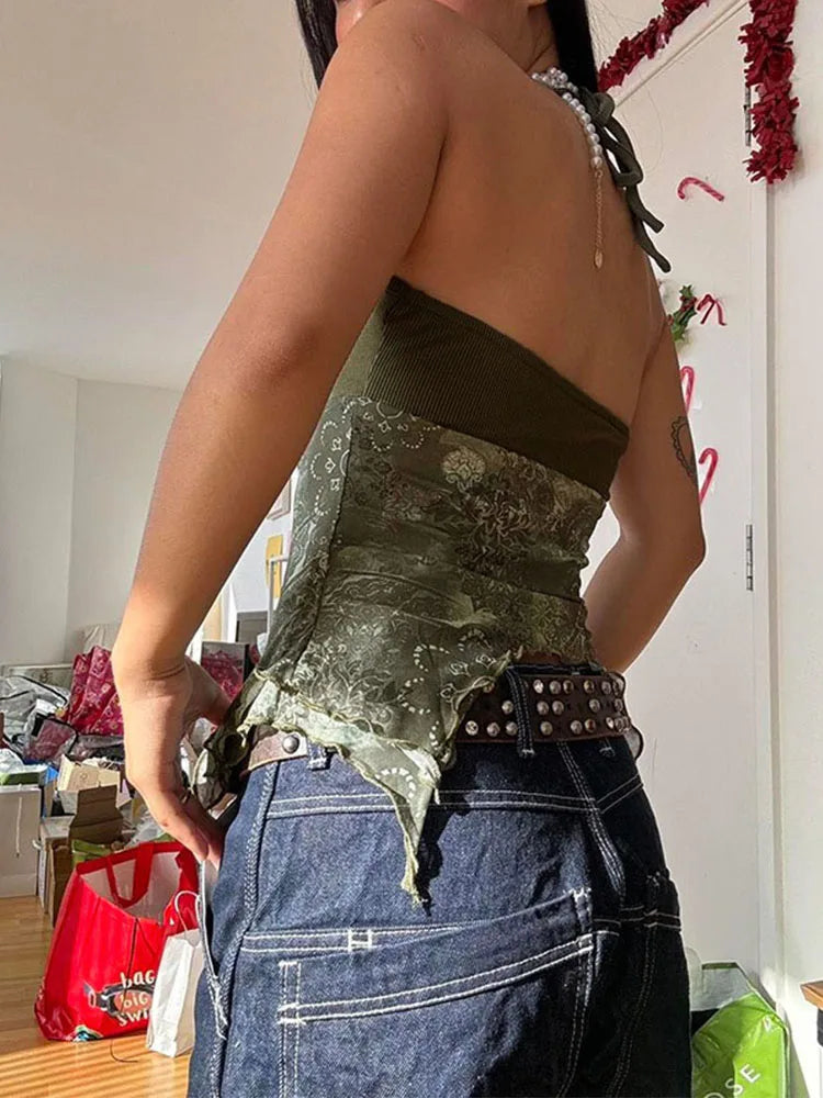 Retro Forest Green Boho Y2K Backless Halter Camisole