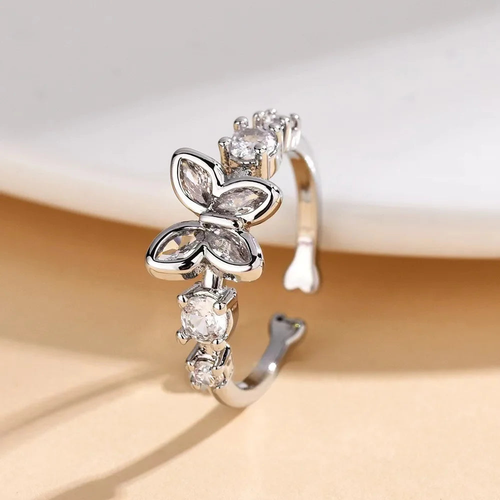 Elegant 925 Sterling Silver Heart Zircon Adjustable Ring for Women