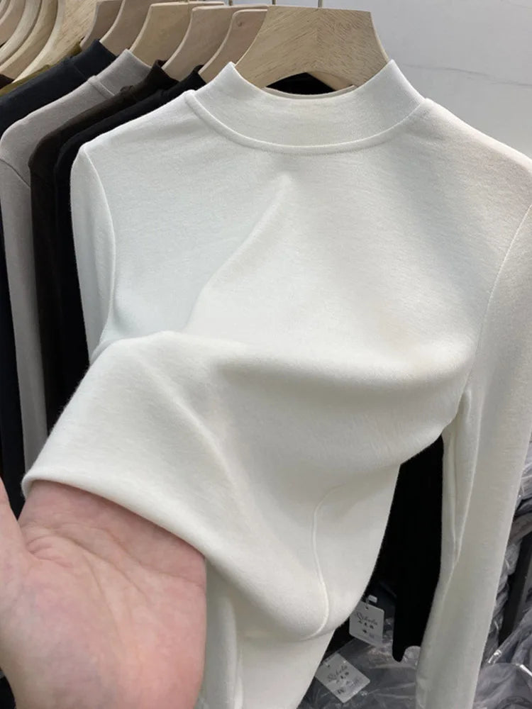 White Cotton Slim Fit Long Sleeve Half Turtleneck Women