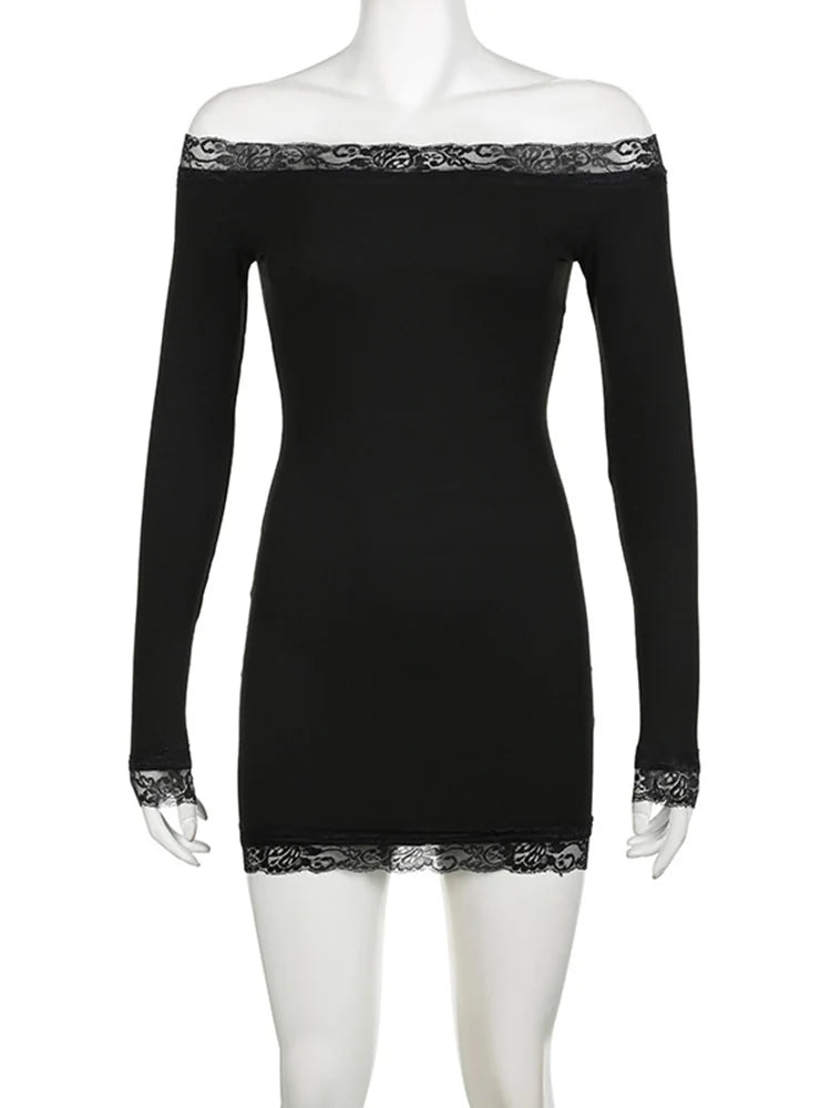 Womens Off Shoulder Lace Bodycon Mini Dress Long Sleeves
