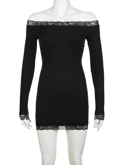 Womens Off Shoulder Lace Bodycon Mini Dress Long Sleeves