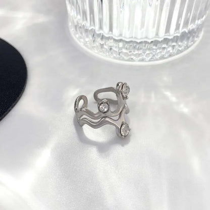 Hip Hop Blue Zircon Curved Matte Metal Ring for Women Retro Fashion Jewelry