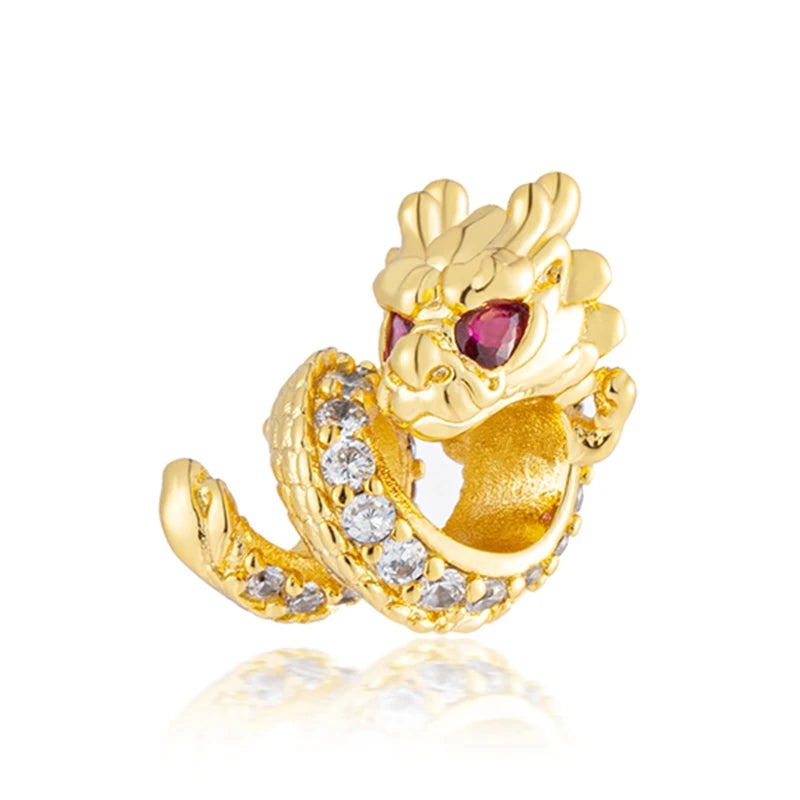 Golden Dragon Double Heart Dangle Charm Bead For 925 Bracelet