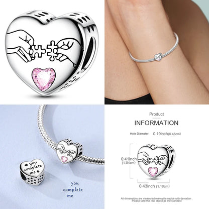 925 Sterling Silver Mom Heart Puzzle Charm Bead Luminous