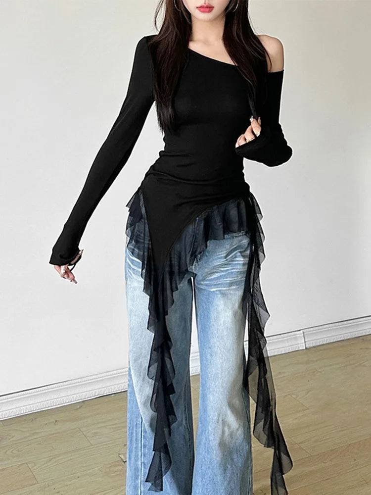Y2K Aesthetic Gauze Patchwork Top With Skew Collar Harajuku