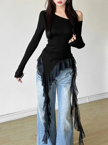 Y2K Aesthetic Gauze Patchwork Top With Skew Collar Harajuku