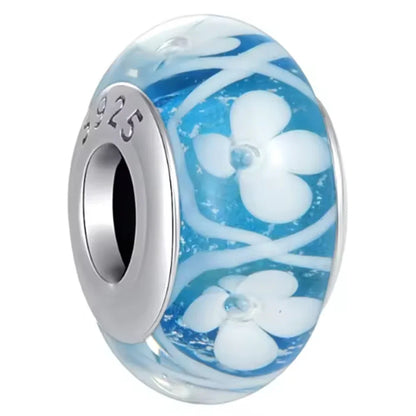 925 Sterling Silver Cosmic Rainbow Murano Glass Beads with Flower and Leaf Charms for DIY Women Jewelry