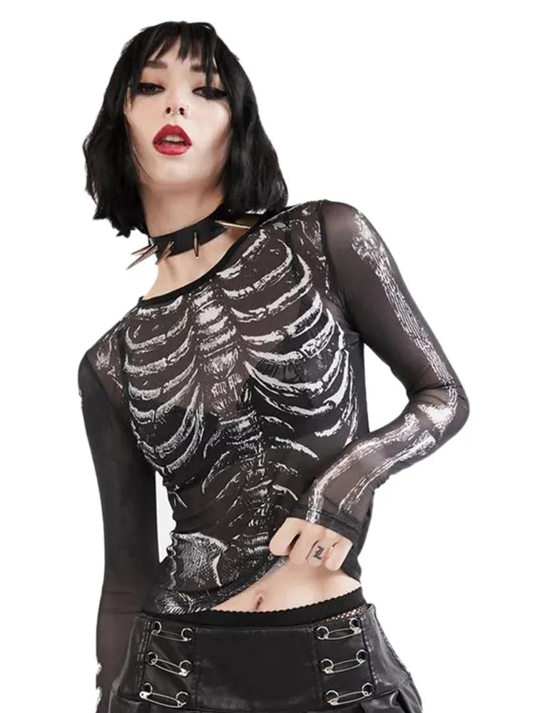 Gothic Punk Y2K Women Skeleton Crop Top Black Long Sleeve