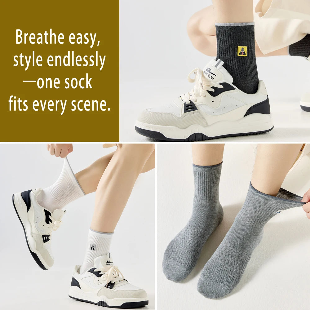 5 Pairs Men Cartoon Cat Mid Crew Cotton Socks Breathable