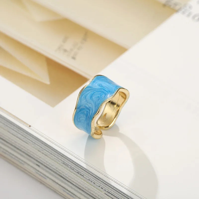 Vintage Gold Geometric Adjustable Ring Elegant Enamel Jewelry for Women Adjustable 5