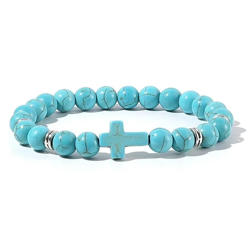 Men's Hematite Cross Bracelet with Natural Stone and Wood Beads for Meditation and Yoga Turquoise