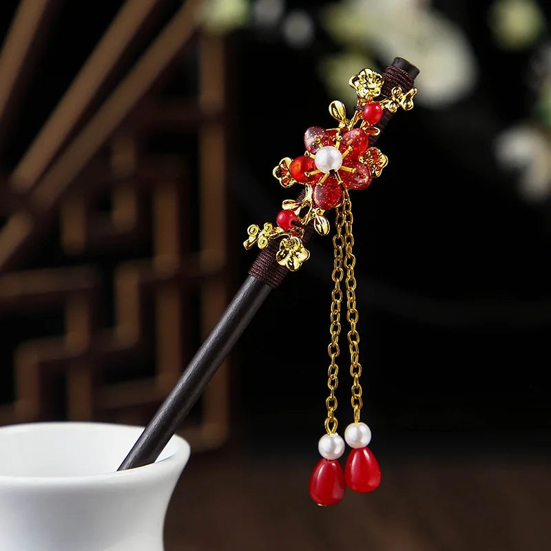 Vintage 2024 Wooden Hair Stick With Tassel Chinese Winding Flower Hairpin