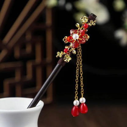 Vintage 2024 Wooden Hair Stick With Tassel Chinese Winding Flower Hairpin