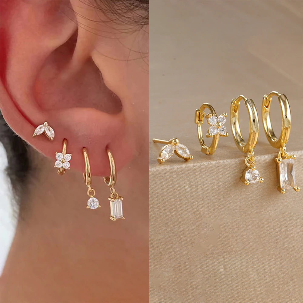 4PCS Luxury Flower Square Earrings Set for Women and Girls in Stainless Steel with Zircon Cartilage Piercing Hoop Design