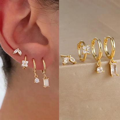 4PCS Luxury Flower Square Earrings Set for Women and Girls in Stainless Steel with Zircon Cartilage Piercing Hoop Design