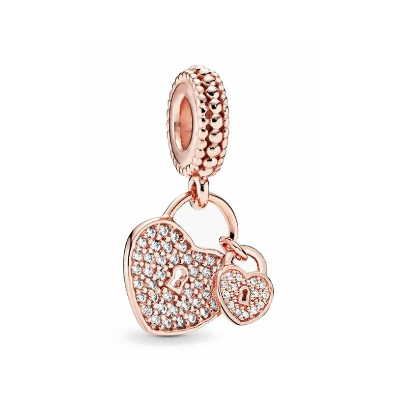 Rose Gold Padlock Heart Key Pendant Necklace for Women 925 Silver with Zircon Beads P126-R