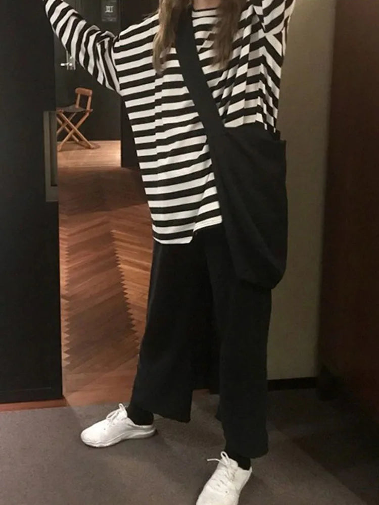 Harajuku Striped Long Sleeve O Neck Top For Women Ulzzang